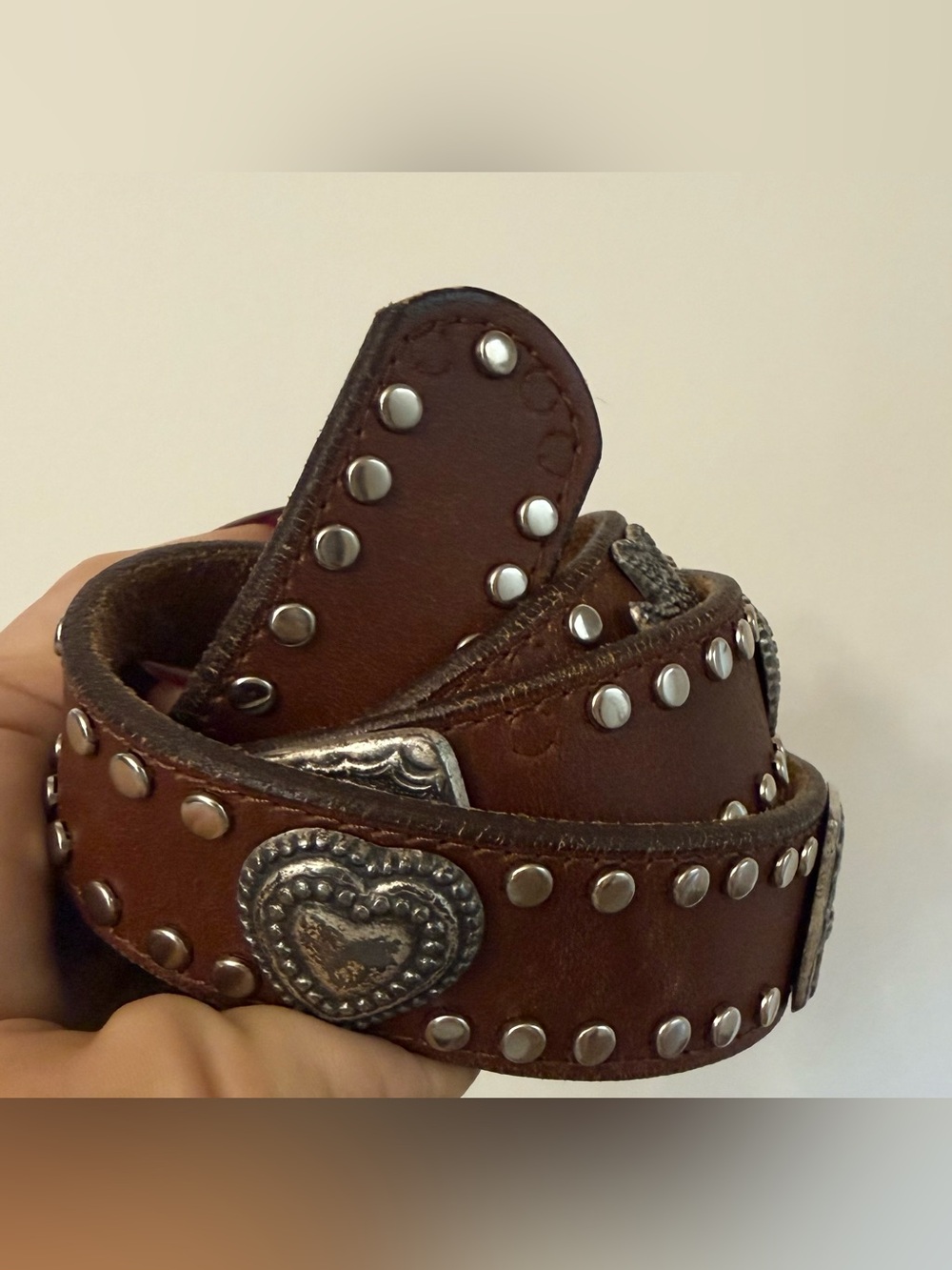 Kudos Brown Silver Tone Studded Leather Belt with Heart Conchos